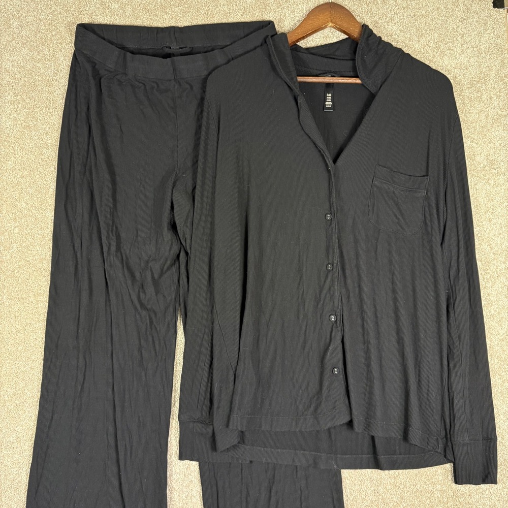 Skims Ribbed Pajama Set Onyx Black Long Sleeve Button Down Wide Leg Pants Medium